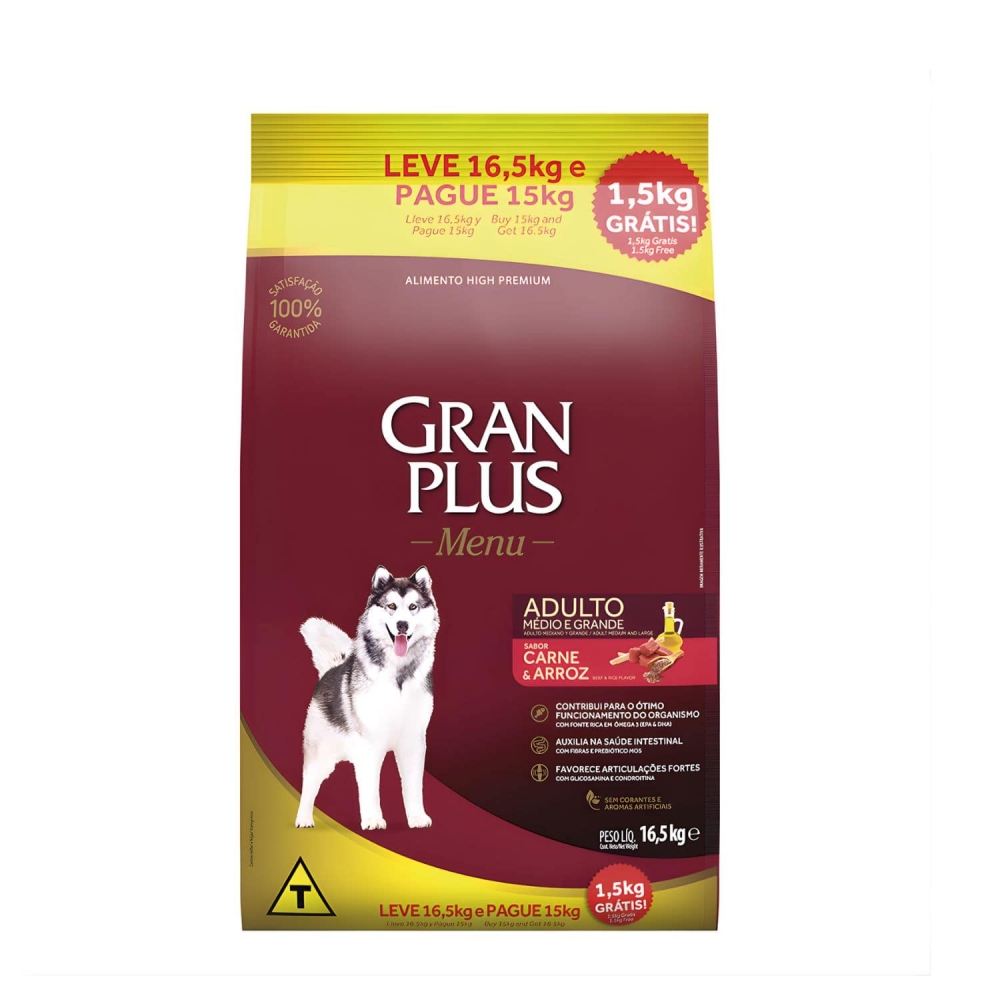 Ração Gran Plus Menu Cães Adultos 16,5 Kg Med/Gran Carne