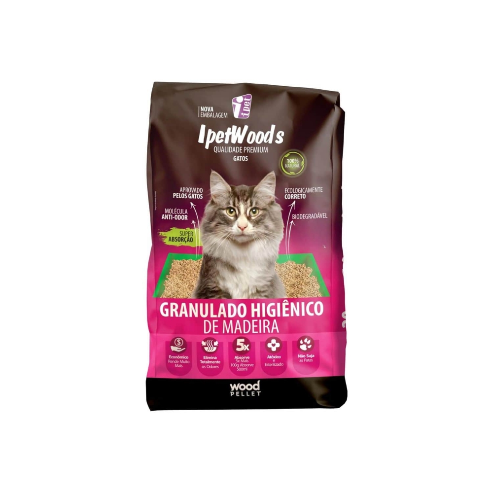 Granulado Higiênico de Madeira Ipet Woods para Gatos