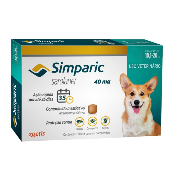 Simparic Antipulgas 40 mg para Cães de 10,1 a 20 kg
