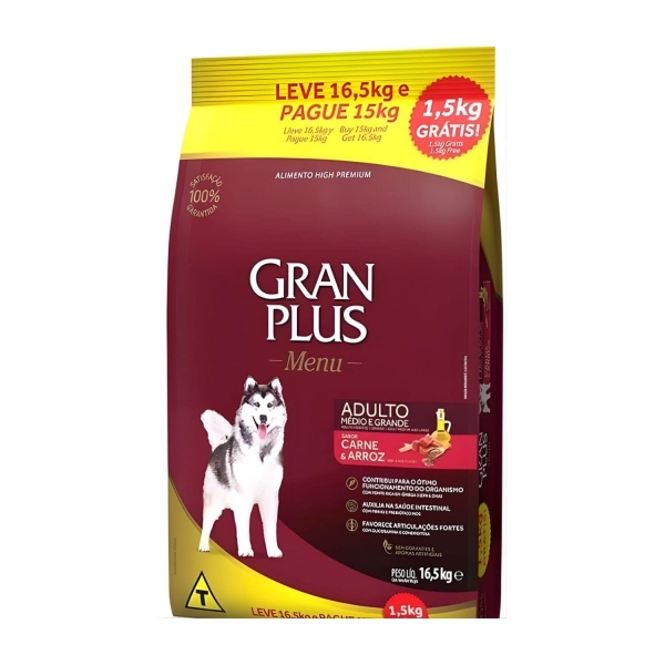 Ração Gran Plus Menu Cães Adultos 16,5 Kg Med/Gran Carne