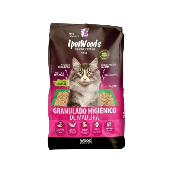 Granulado Higiênico de Madeira Ipet Woods para Gatos