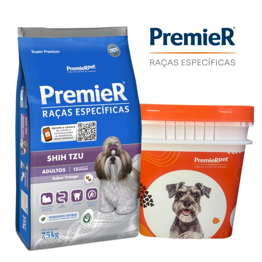 Ração Premier Cães Shitzu Adulto 7,5kg+Ganhe Balde Grátis
